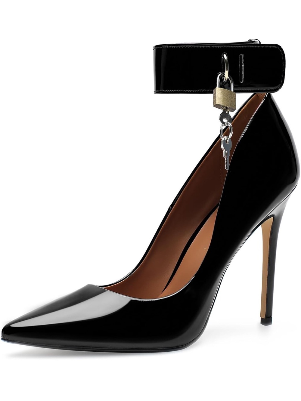 Haozhaotou Unisex Black Patent Leather Ankle-Lock Stiletto Pump